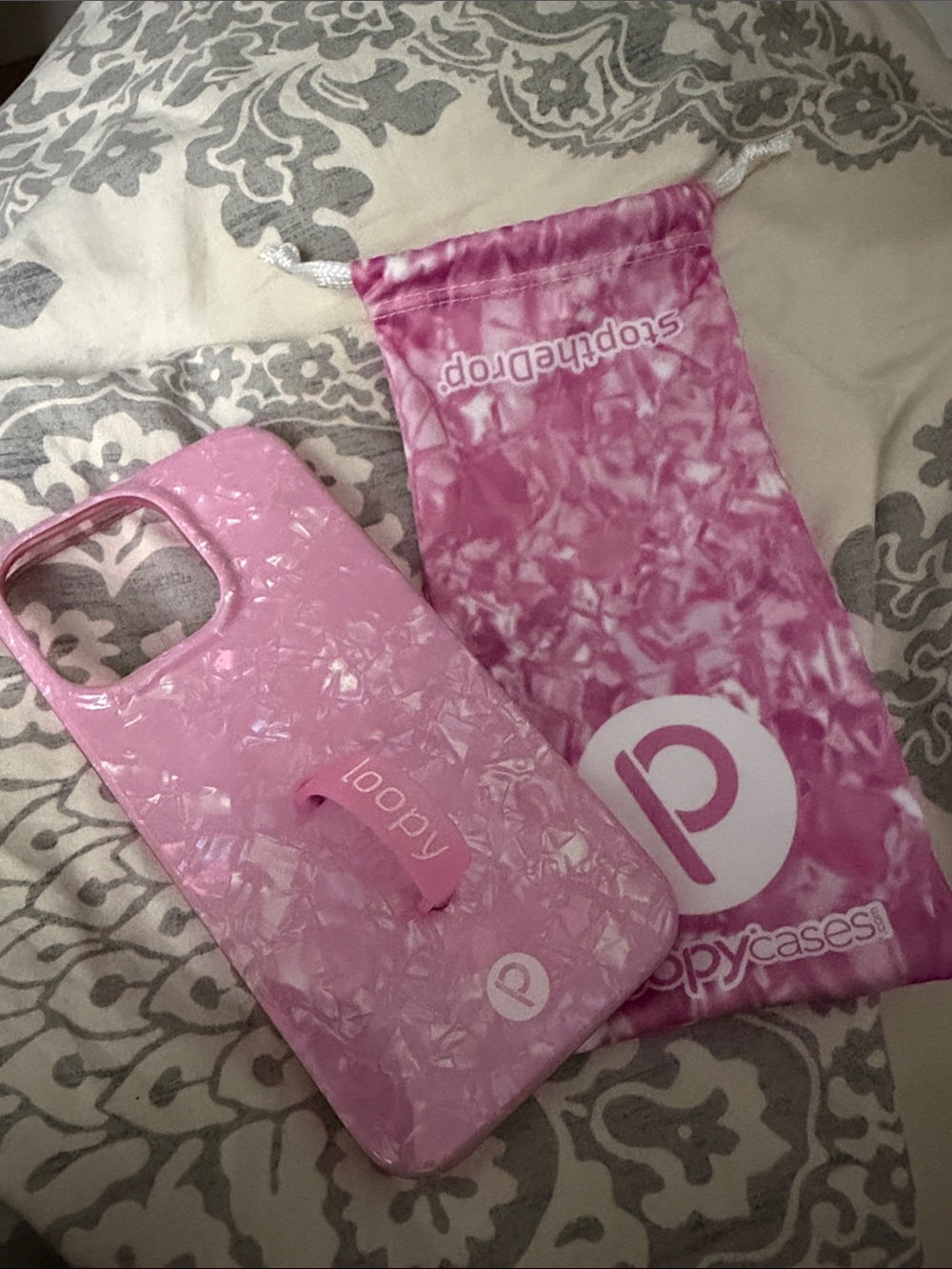 iPhone 14 Pro Max Loopy Case Pink Iridescent Phone Case with Matching Pink Pouch